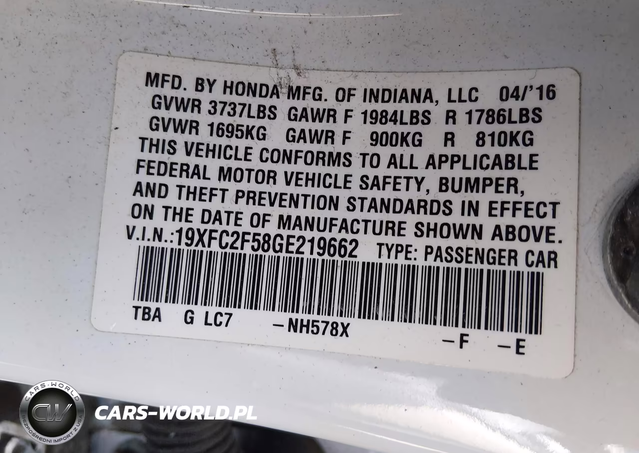 2016 Honda Civic Lx VIN:19XFC2F58GE219662 - 9