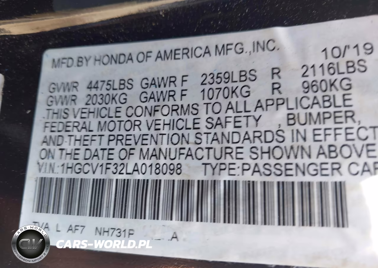 2020 Honda Accord Sport VIN:1HGCV1F32LA018098 - 9
