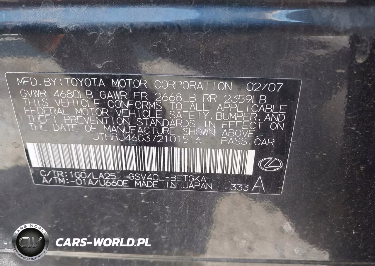 2007 Lexus Es 350 VIN:JTHBJ46G372101516 - 9