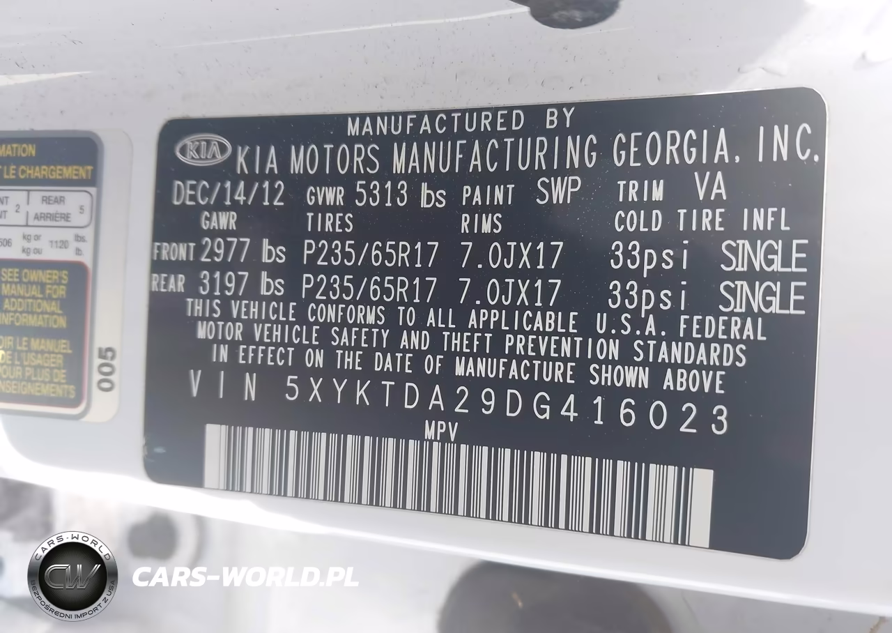 2013 Kia Sorento Lx V6 VIN:5XYKTDA29DG416023 - 9