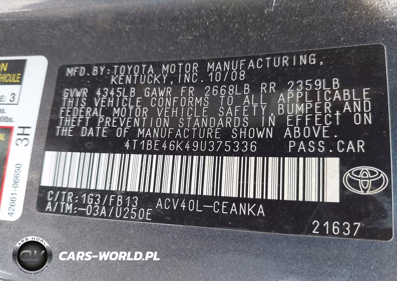 2009 Toyota Camry Le VIN:4T1BE46K49U375336 - 9