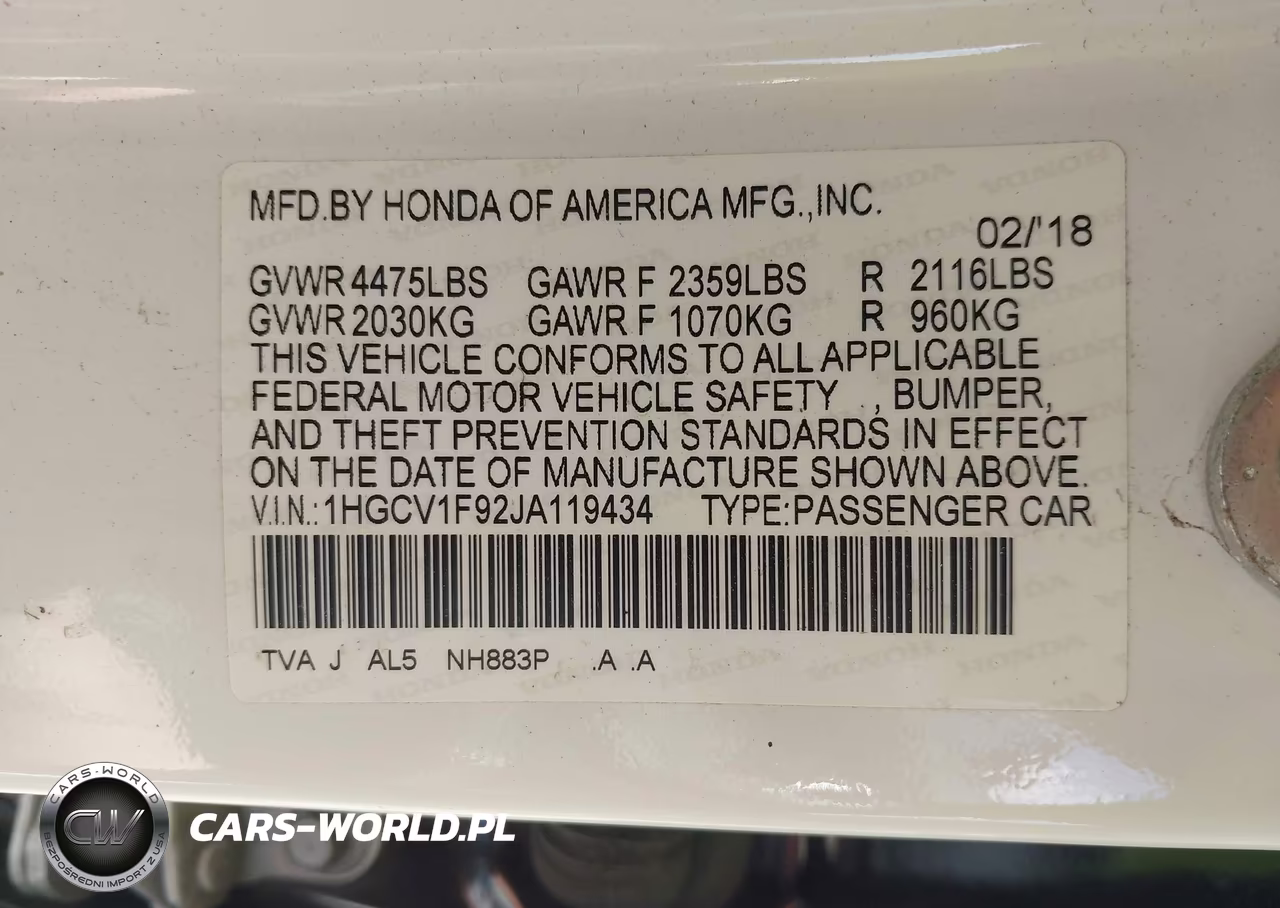 2018 Honda Accord Touring VIN:1HGCV1F92JA119434 - 9
