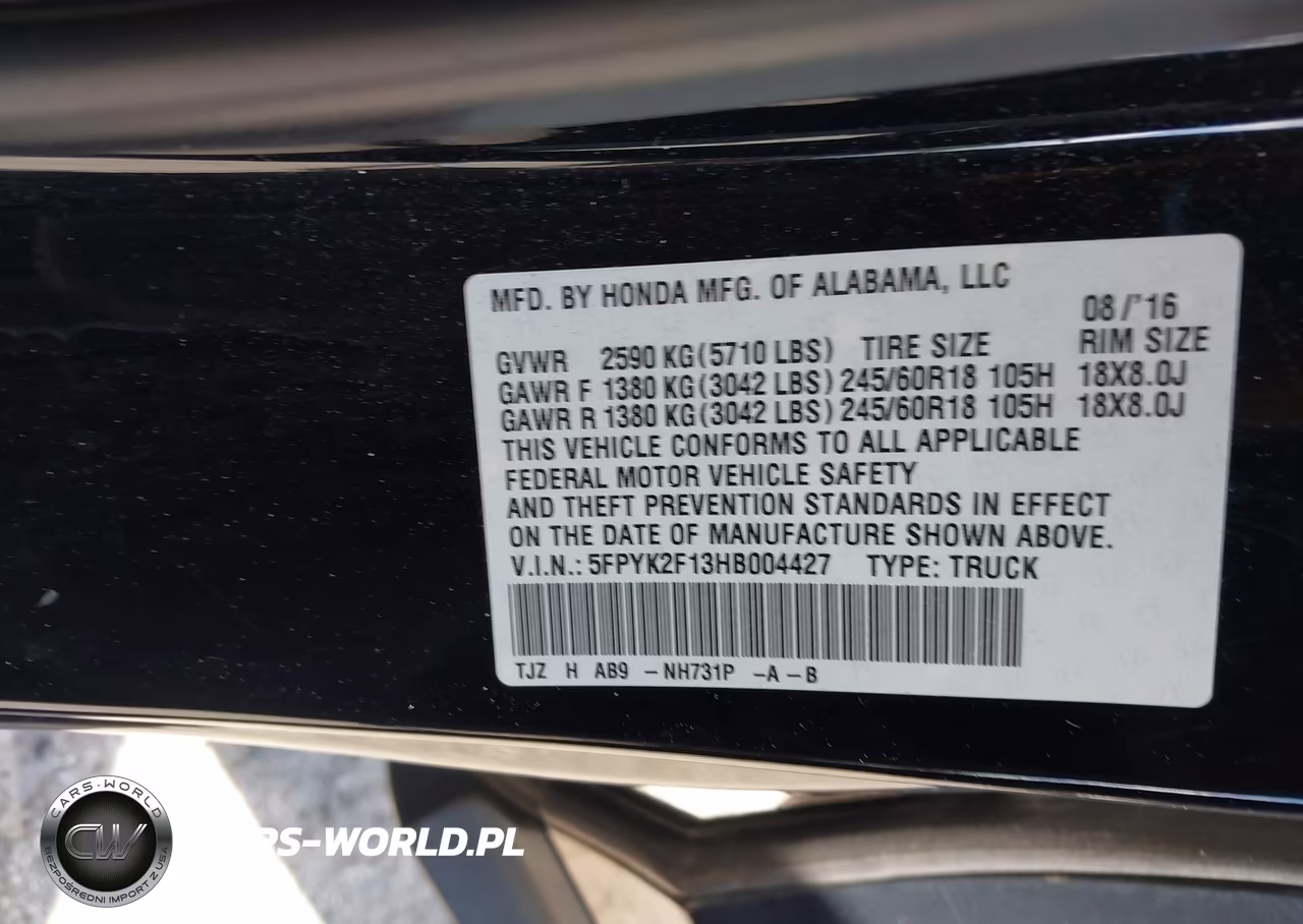 2017 Honda Ridgeline Sport VIN:5FPYK2F13HB004427 - 9