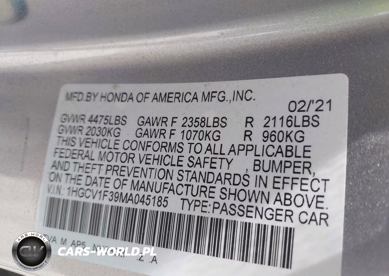 2021 Honda Accord Sport VIN:1HGCV1F39MA045185 - 9