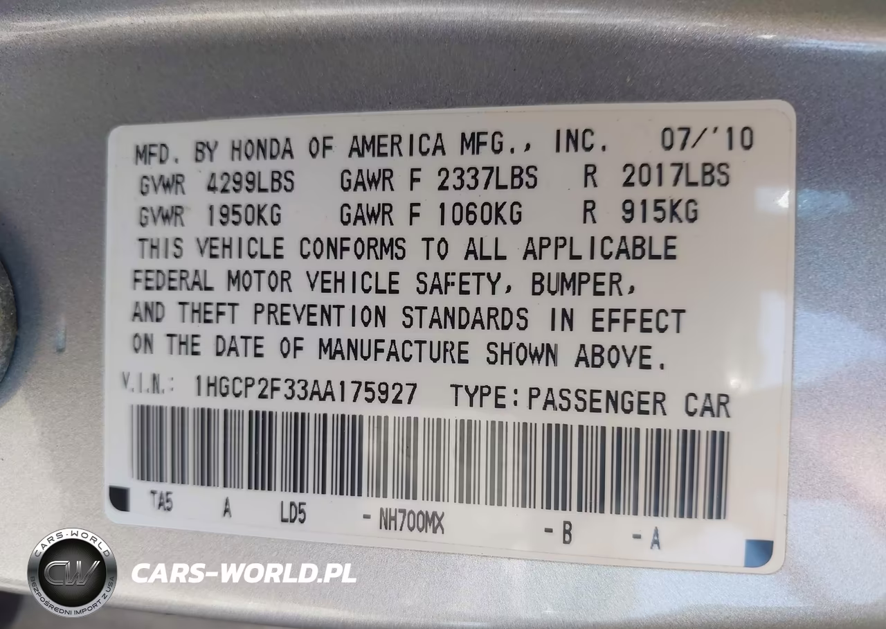 2010 Honda Accord 2.4 Lx VIN:1HGCP2F33AA175927 - 9