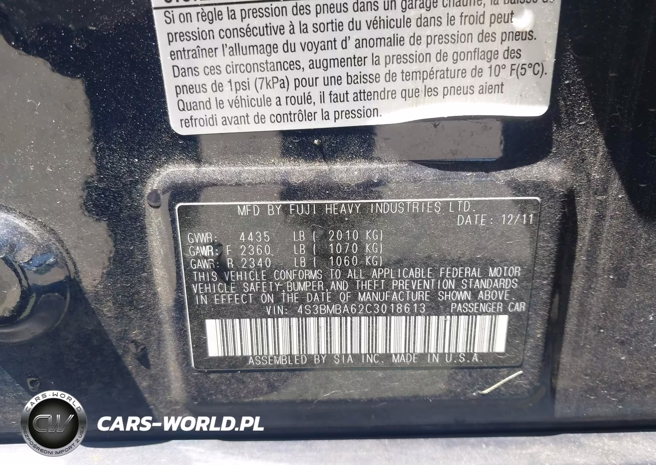 2012 Subaru Legacy 2.5I VIN:4S3BMBA62C3018613 - 9