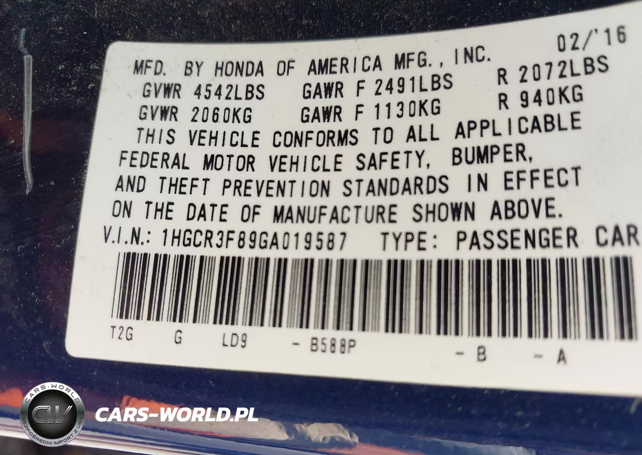 2016 Honda Accord Ex-L V-6 VIN:1HGCR3F89GA019587 - 9