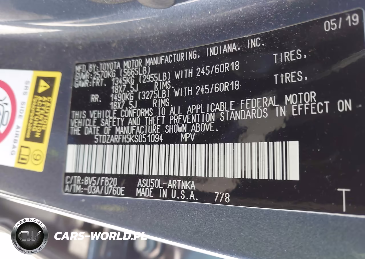 2019 Toyota Highlander Le VIN:5TDZARFH5KS051094 - 9