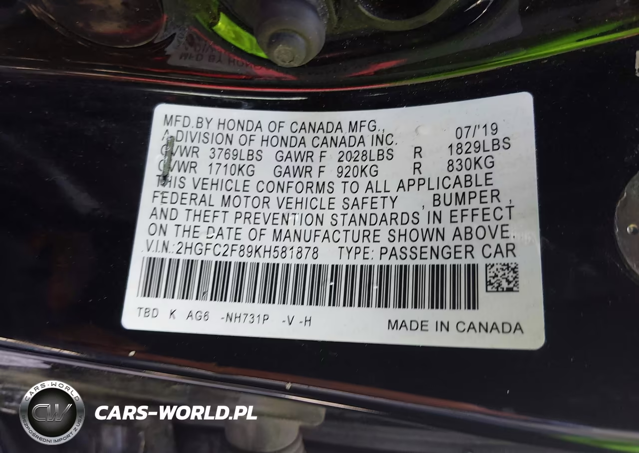 2019 Honda Civic Sport VIN:2HGFC2F89KH581878 - 9