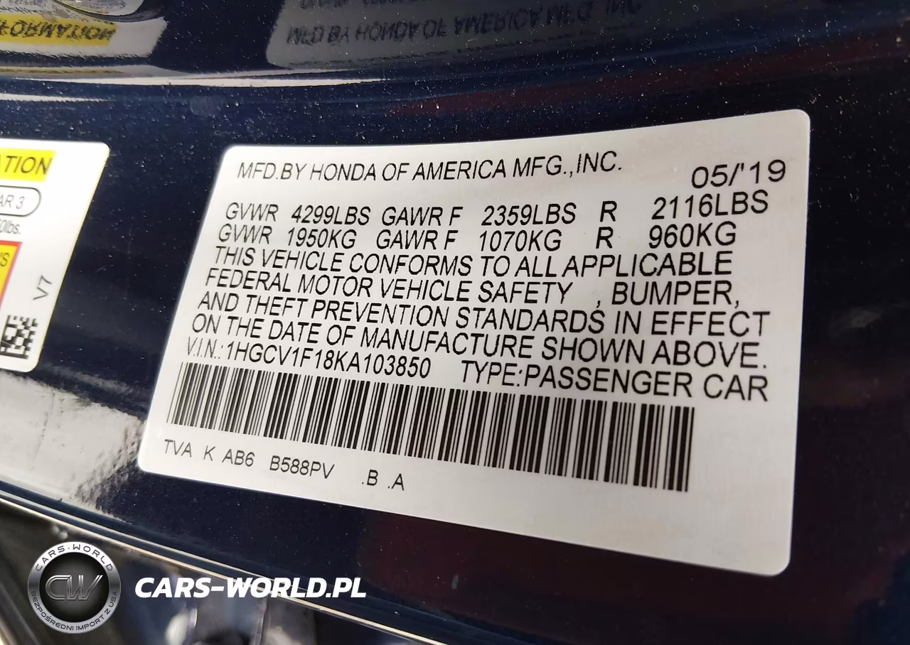 2019 Honda Accord Lx VIN:1HGCV1F18KA103850 - 9