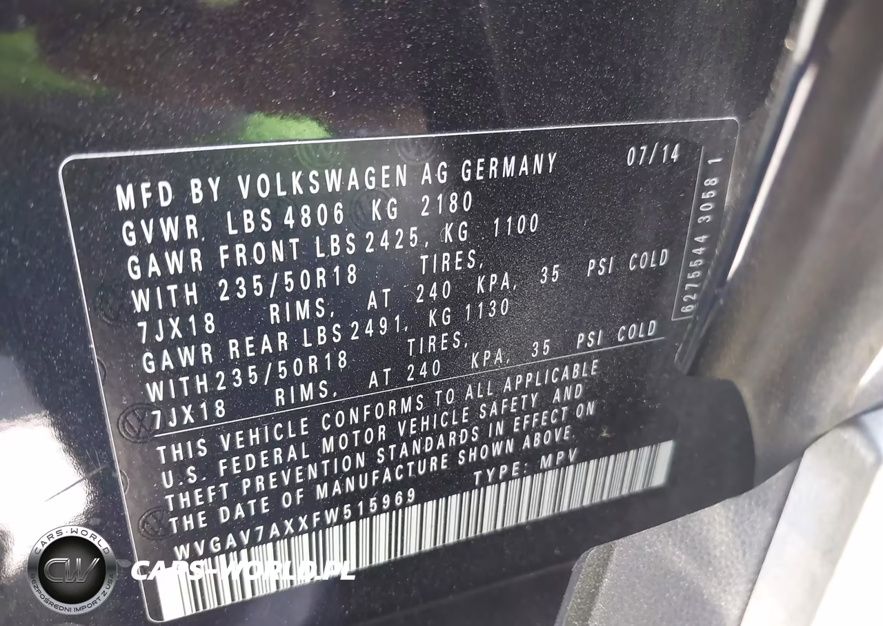 2015 Volkswagen Tiguan Se VIN:WVGAV7AXXFW515969 - 9