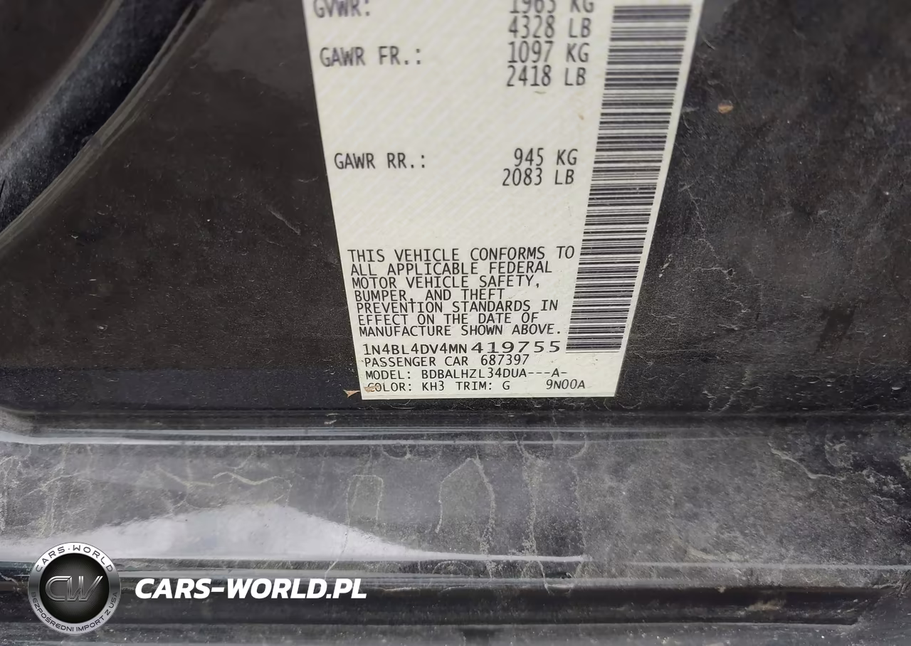 2021 Nissan Altima Sv Fwd VIN:1N4BL4DV4MN419755 - 9
