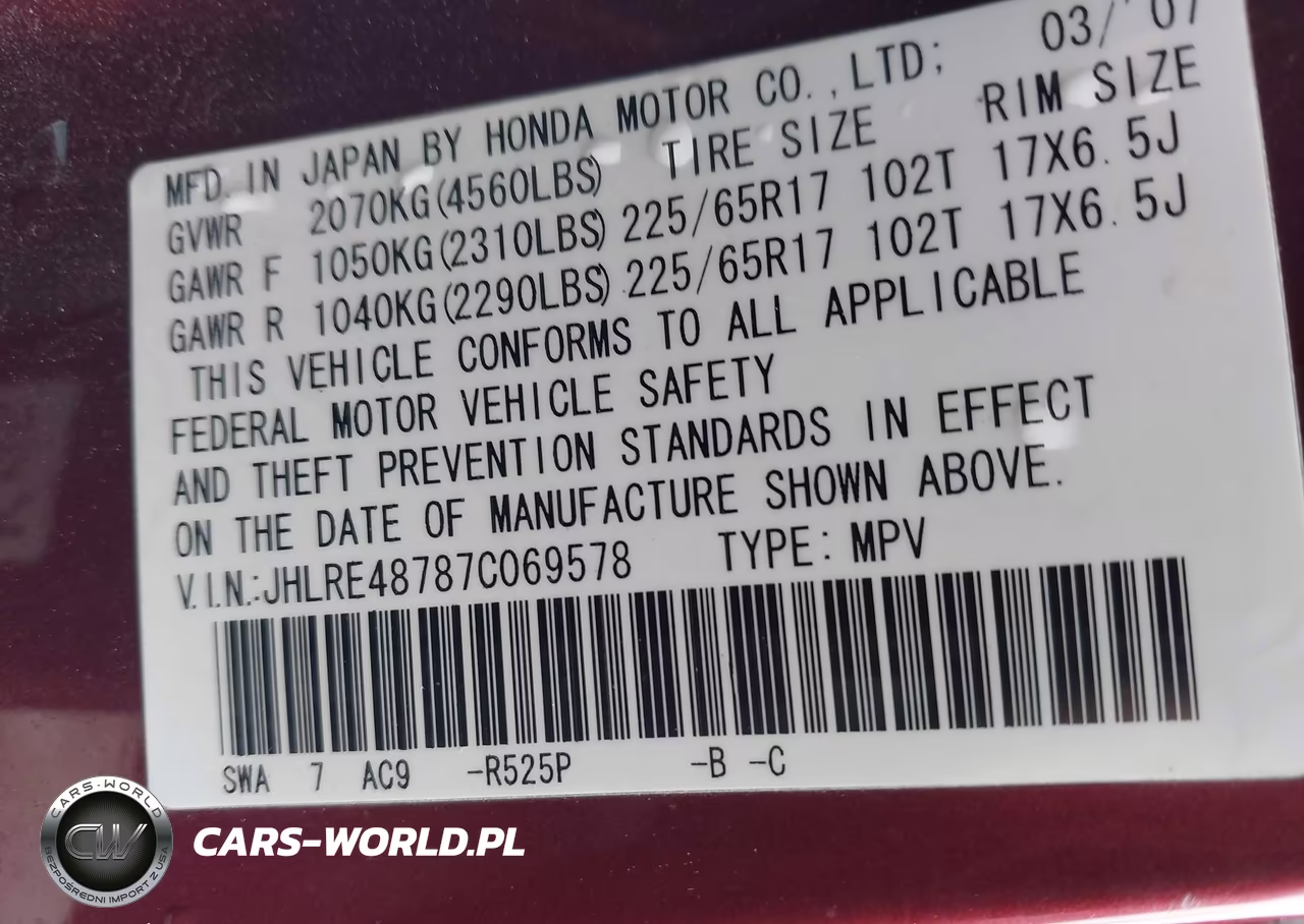 2007 Honda Cr-V Ex-L VIN:JHLRE48787C069578 - 9