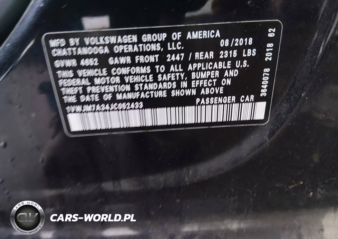 2018 Volkswagen Passat 3.6L V6 Gt VIN:1VWJM7A34JC052433 - 9