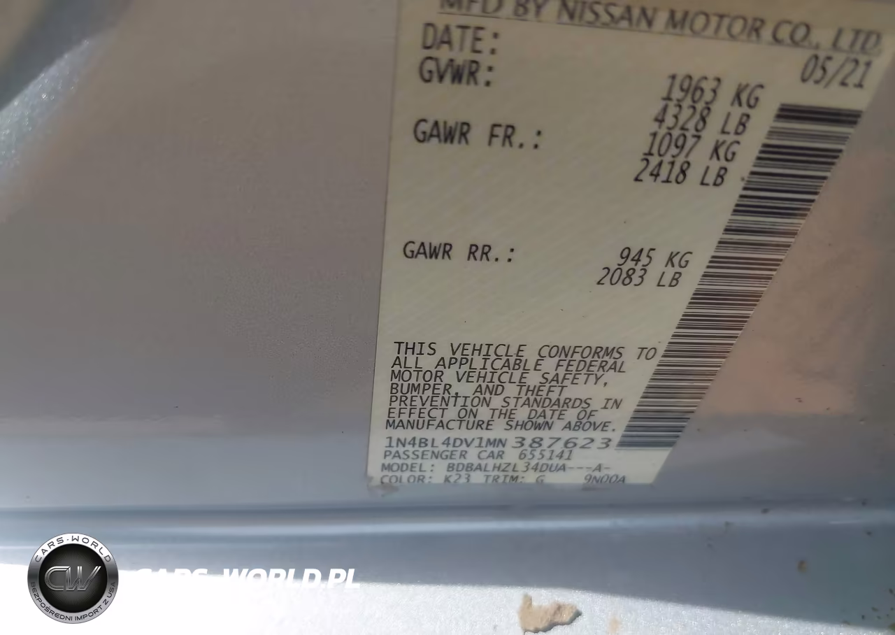 2021 Nissan Altima Sv Fwd VIN:1N4BL4DV1MN387623 - 9