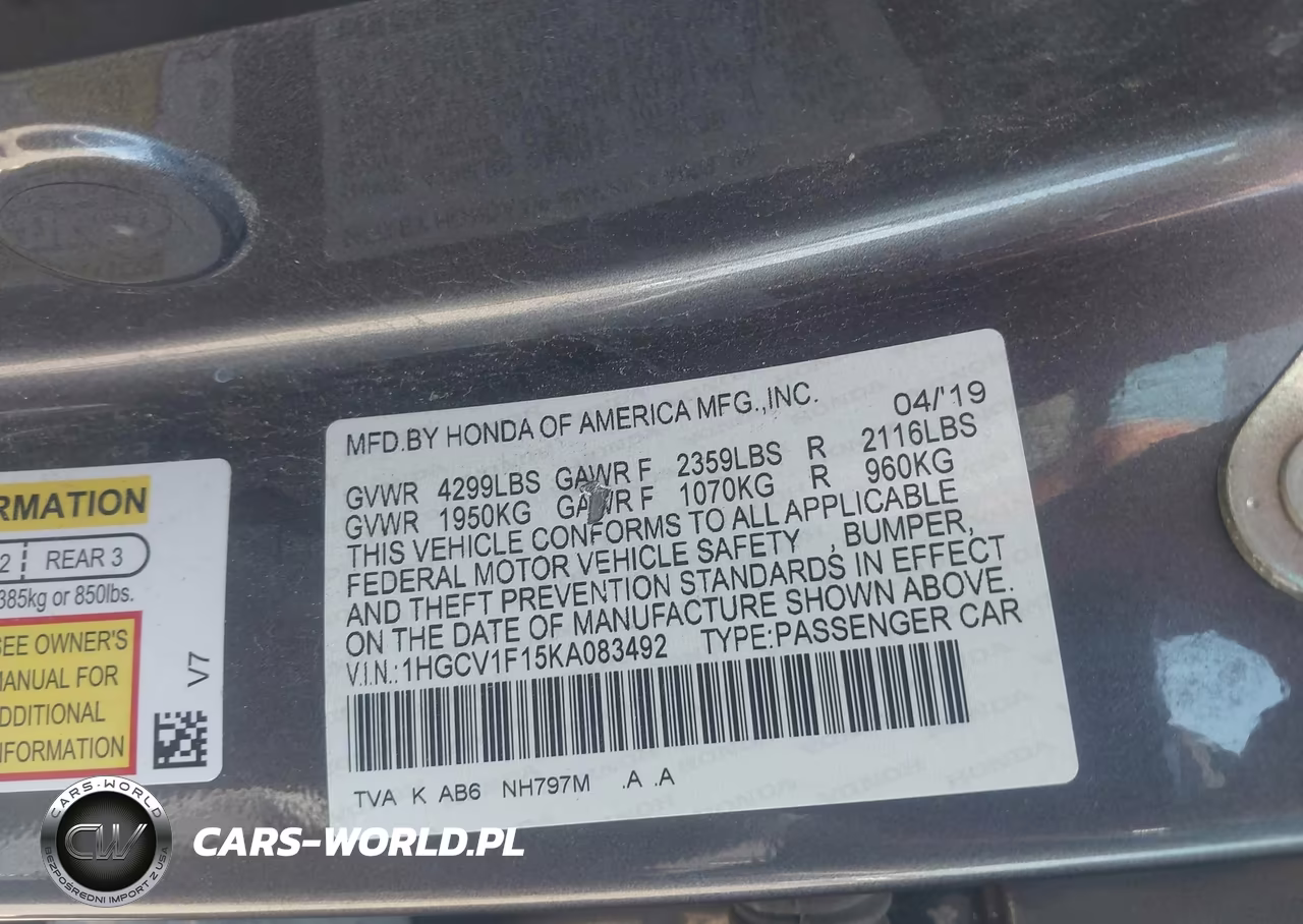 2019 Honda Accord Lx VIN:1HGCV1F15KA083492 - 9