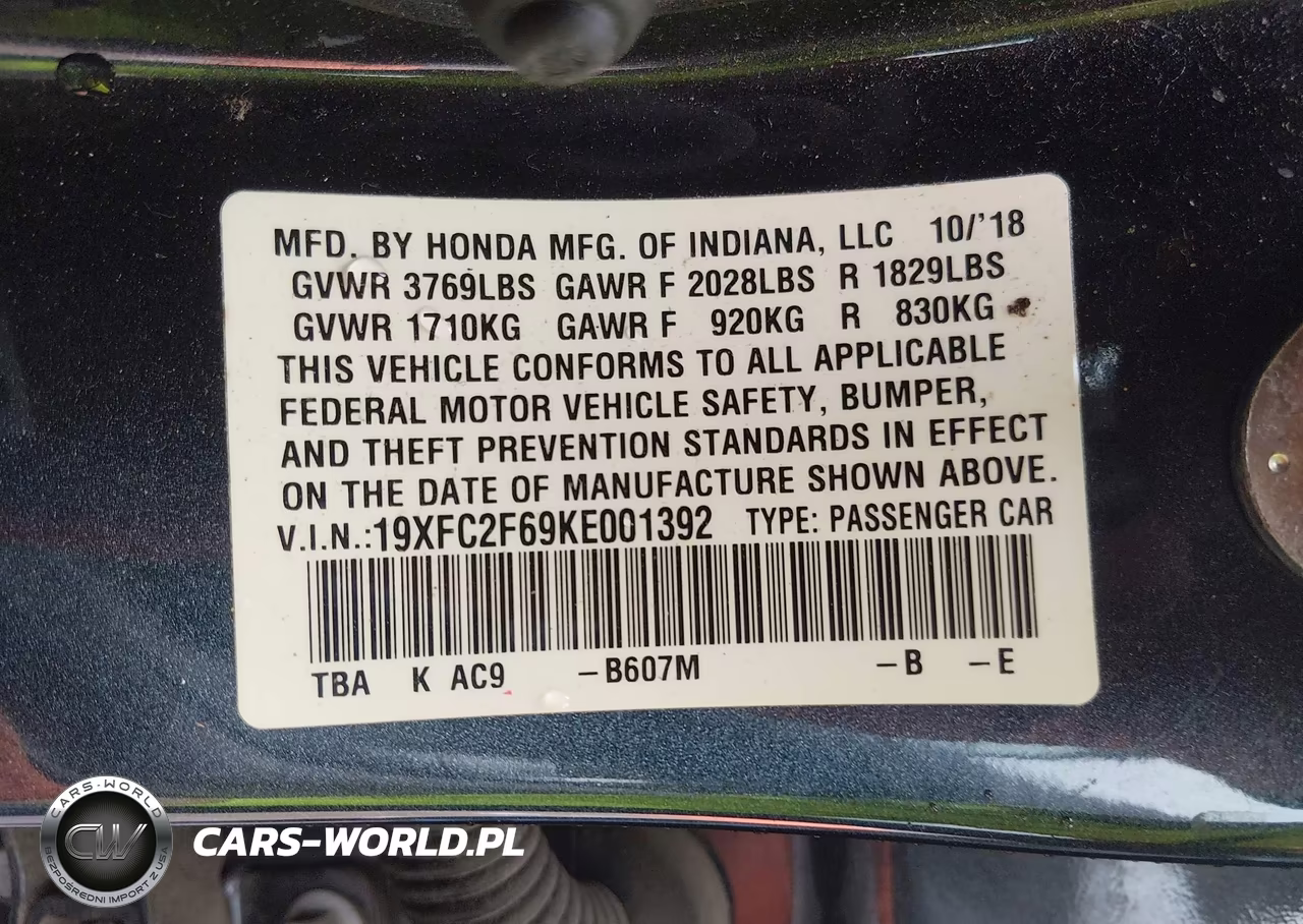 2019 Honda Civic Lx VIN:19XFC2F69KE001392 - 9