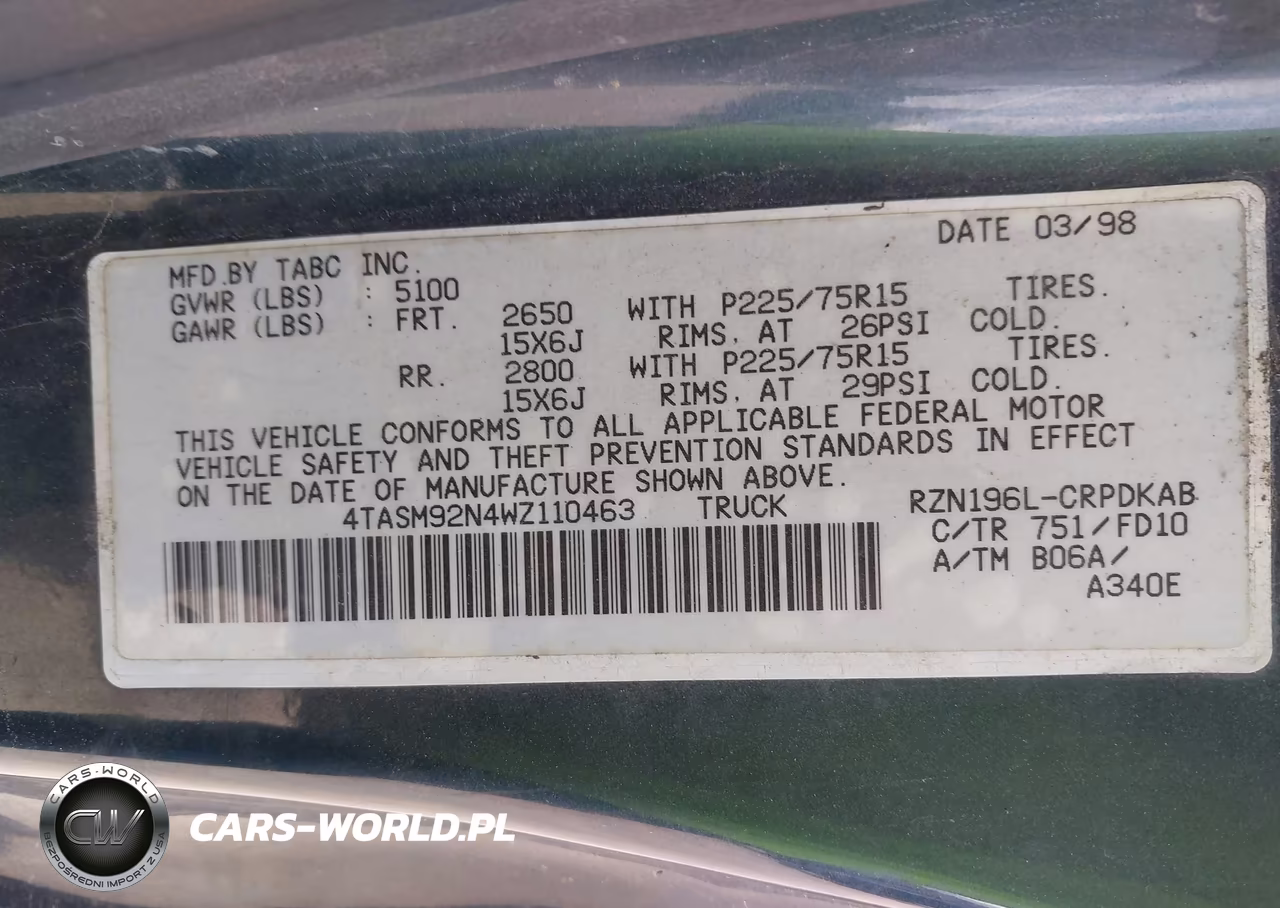 1998 Toyota Tacoma Prerunner VIN:4TASM92N4WZ110463 - 9