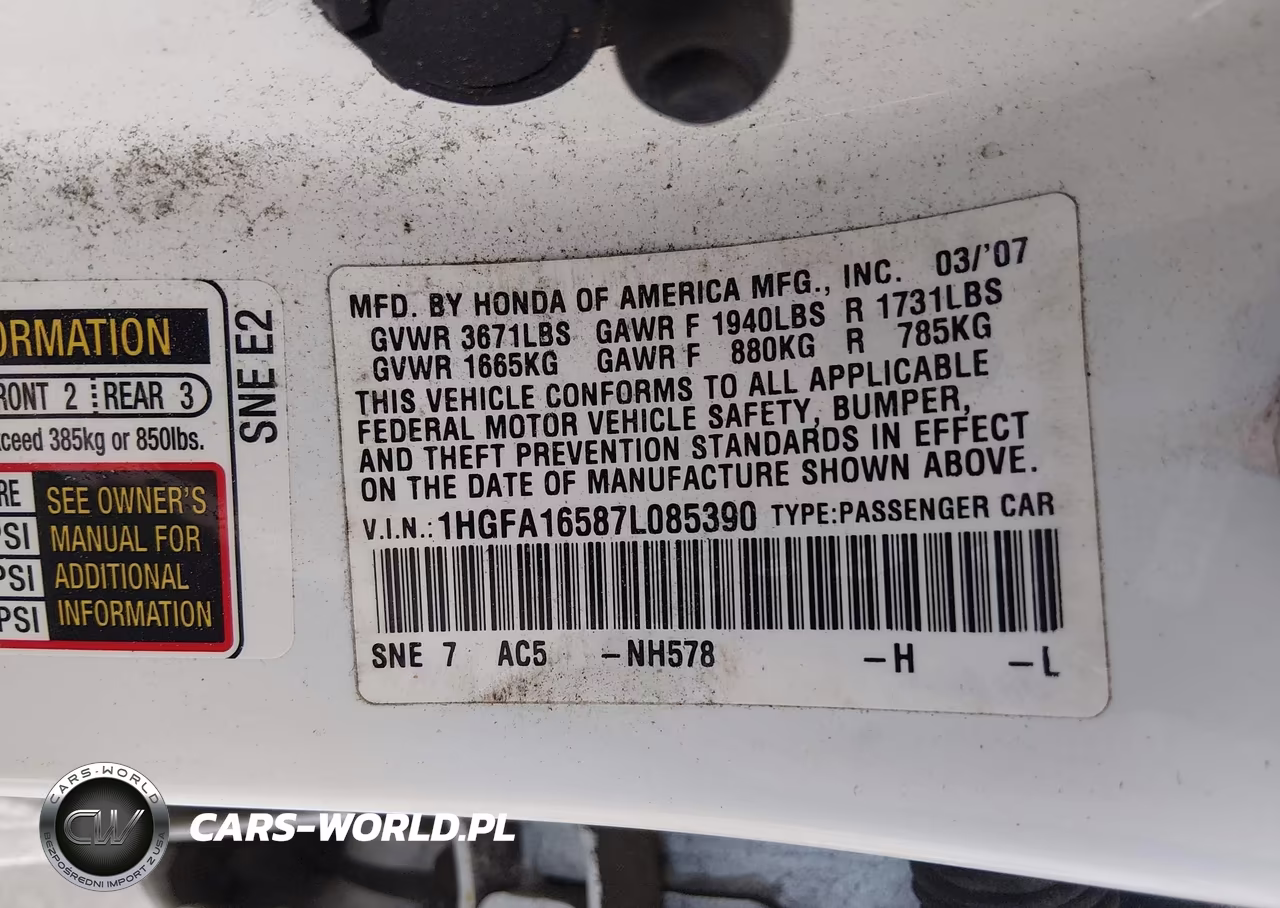 2007 Honda Civic Lx VIN:1HGFA16587L085390 - 9