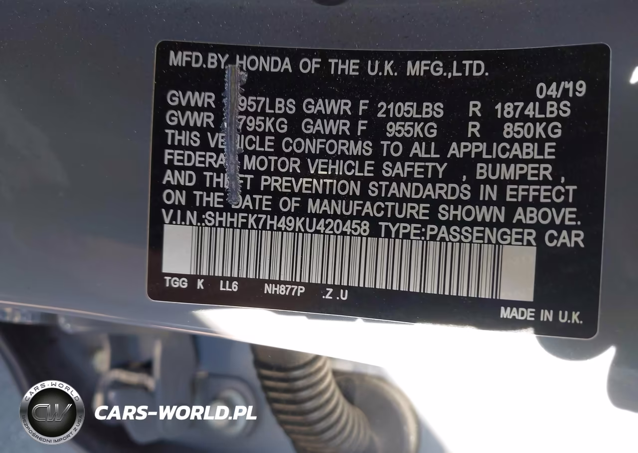 2019 Honda Civic Sport VIN:SHHFK7H49KU420458 - 9