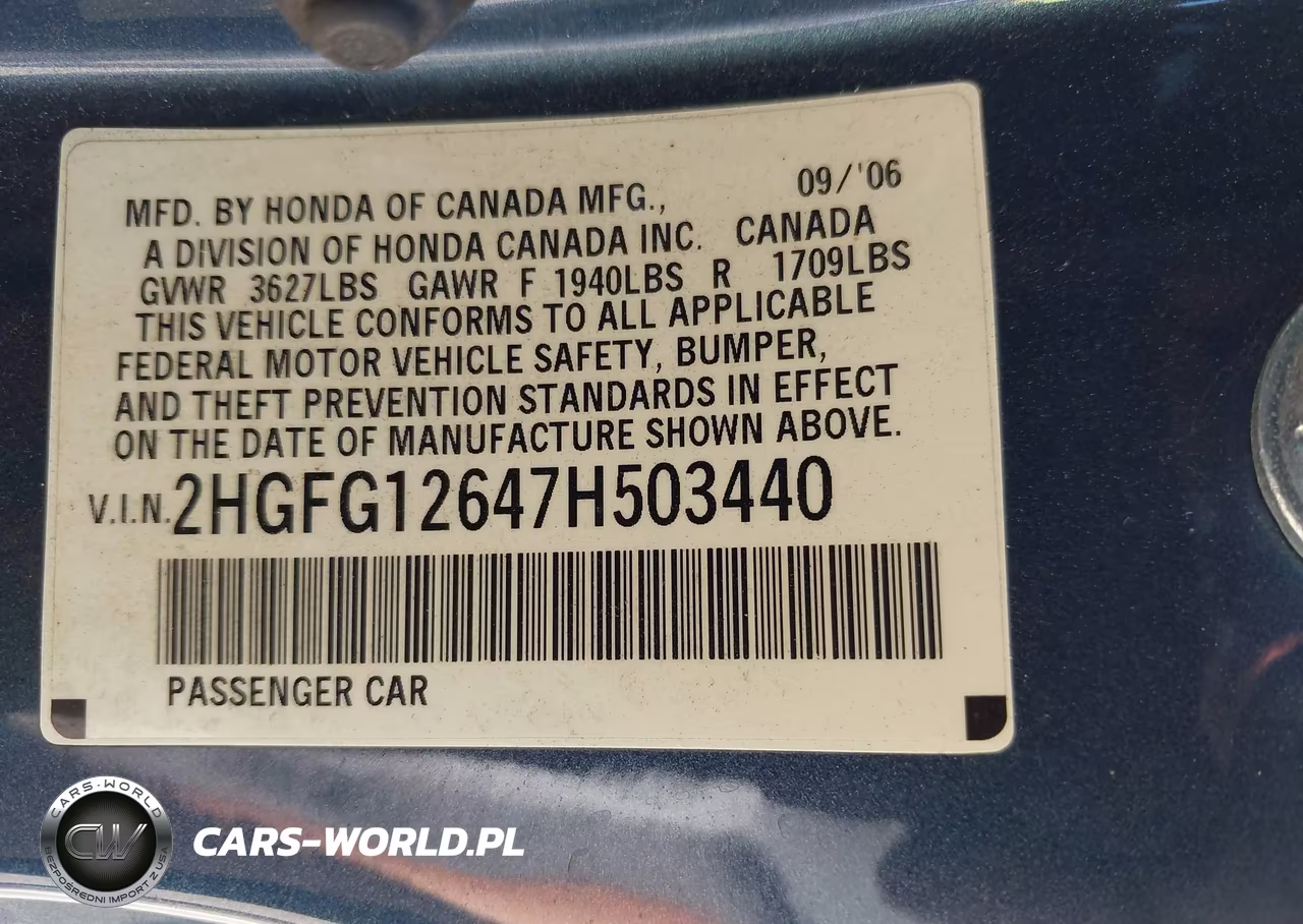 2007 Honda Civic Lx VIN:2HGFG12647H503440 - 9