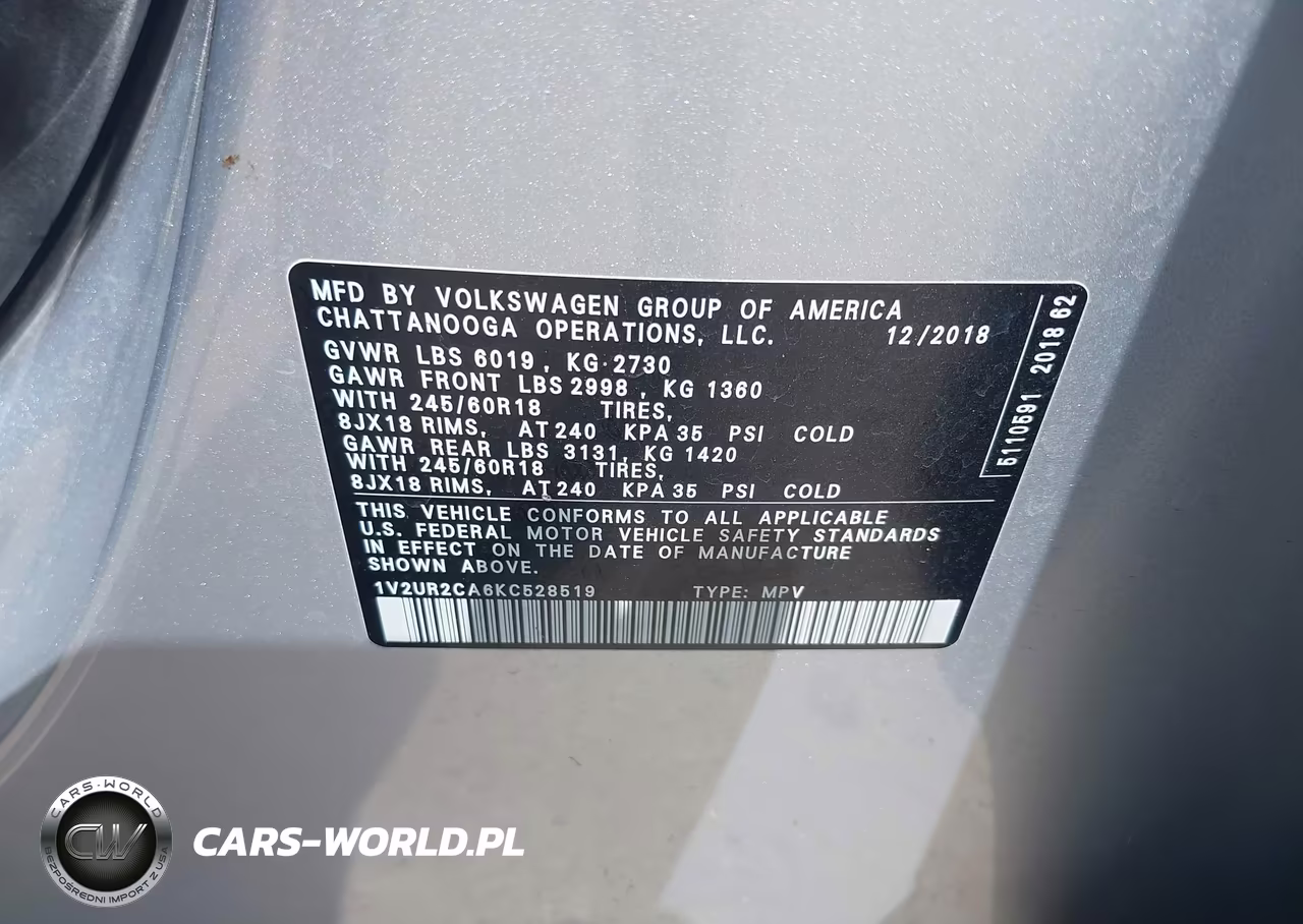 2019 Volkswagen Atlas 3.6L V6 Se W-Technology VIN:1V2UR2CA6KC528519 - 9