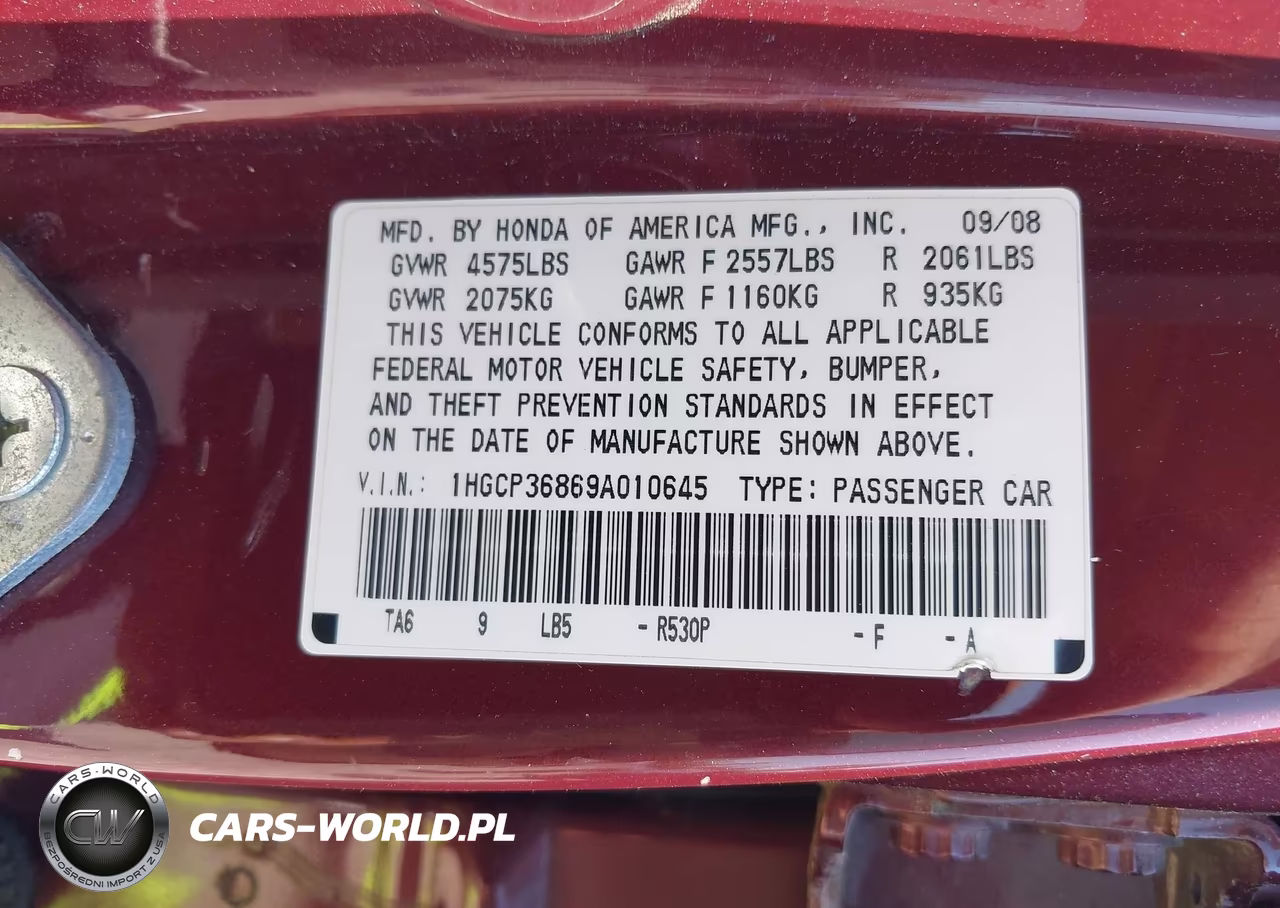 2009 Honda Accord 3.5 Ex-L VIN:1HGCP36869A010645 - 9