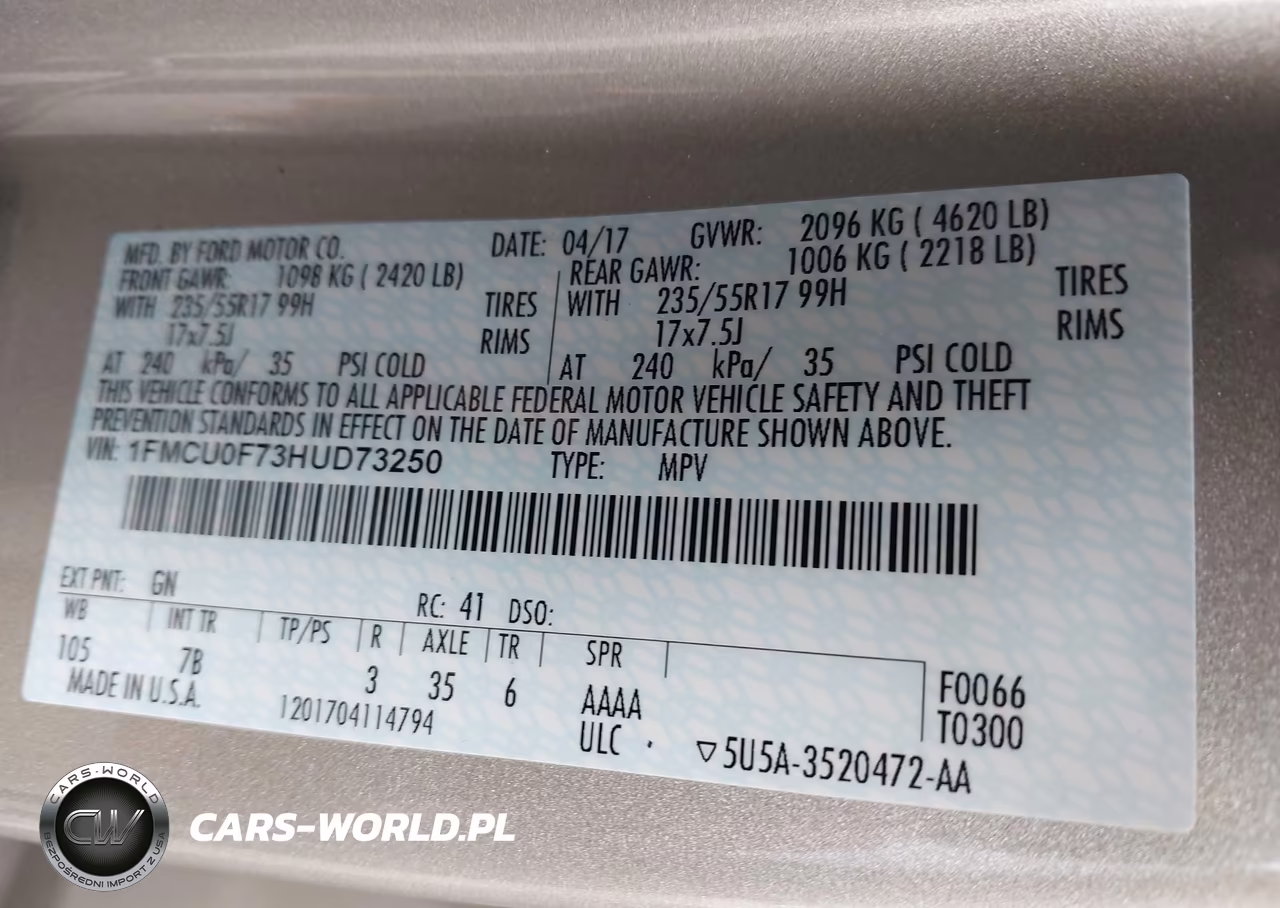 2017 Ford Escape S VIN:1FMCU0F73HUD73250 - 9