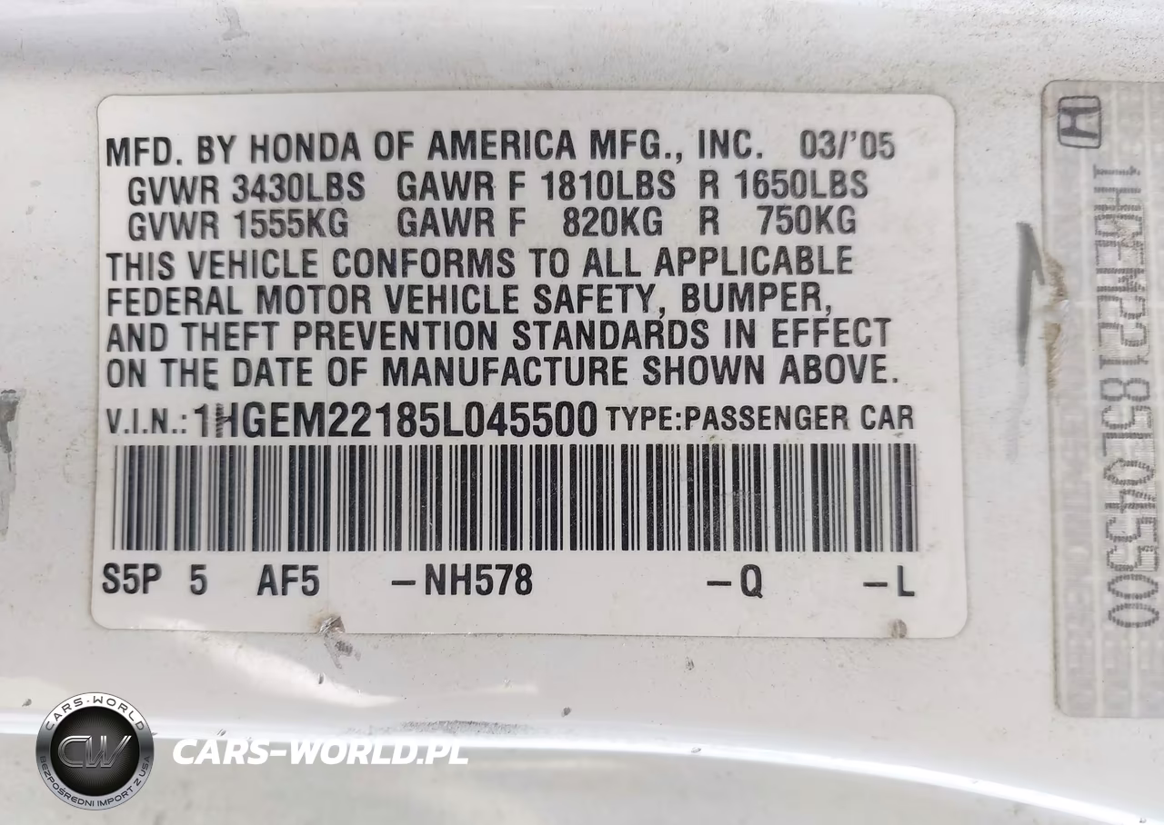 2005 Honda Civic Vp VIN:1HGEM22185L045500 - 9