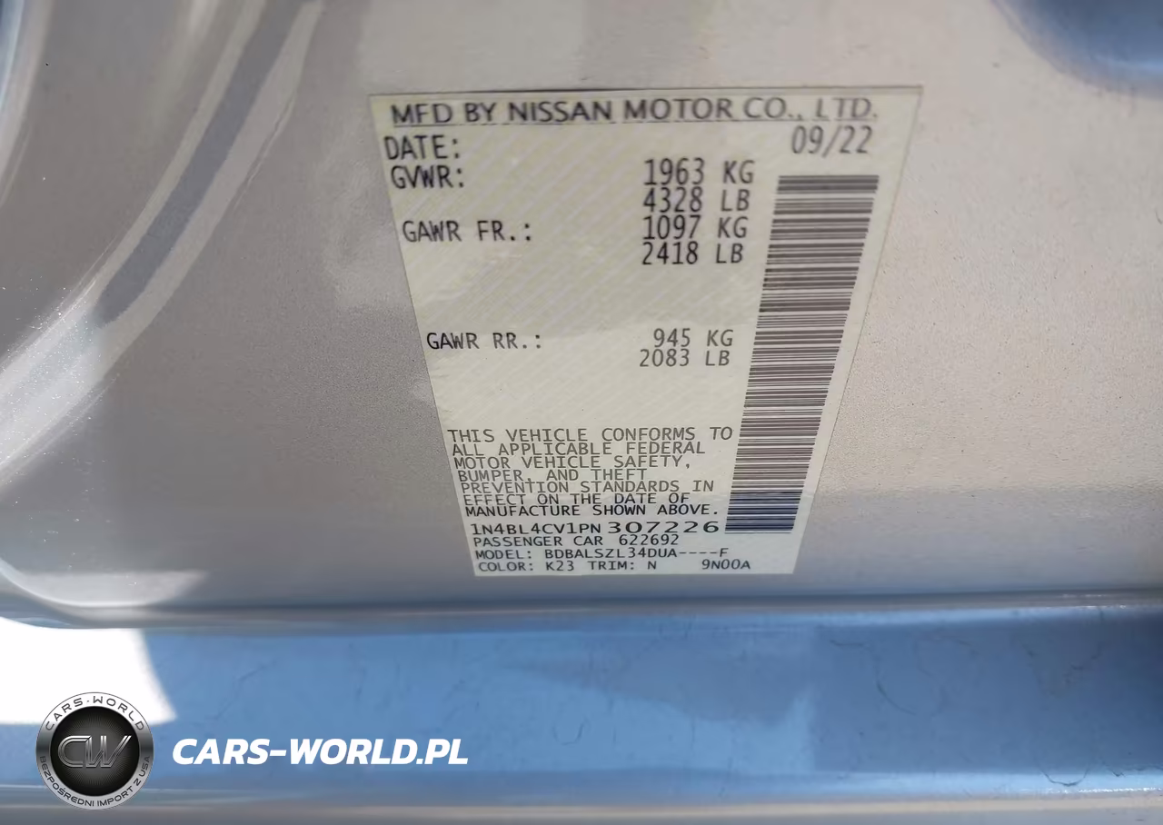 2023 Nissan Altima Sr Fwd VIN:1N4BL4CV1PN307226 - 9