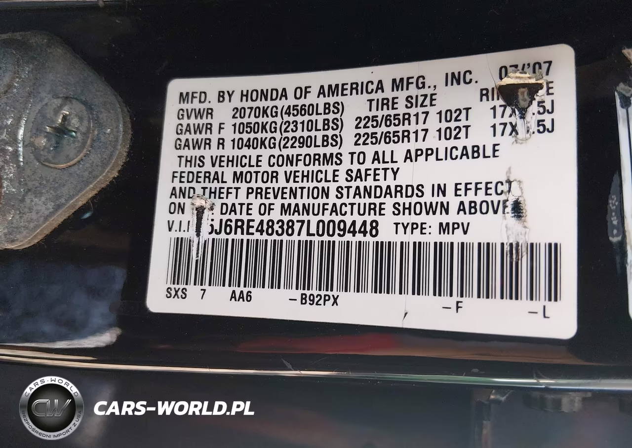 2007 Honda Cr-V Lx VIN:5J6RE48387L009448 - 9