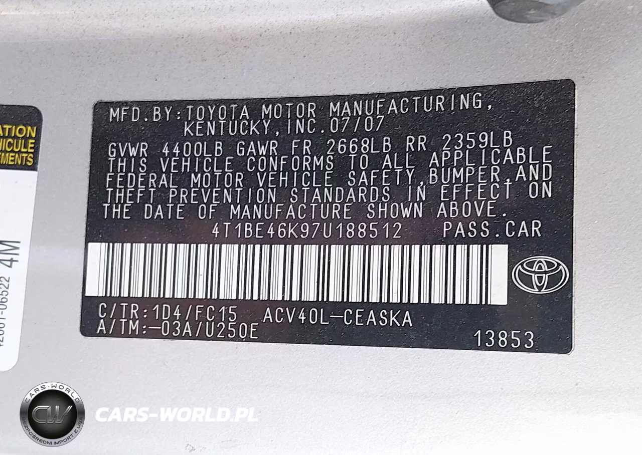 2007 Toyota Camry Se VIN:4T1BE46K97U188512 - 9