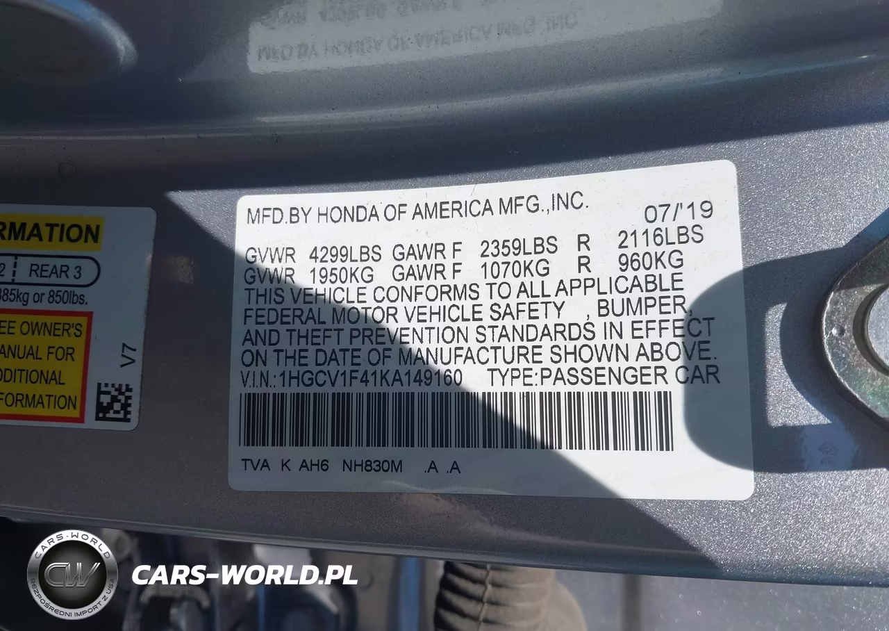 2019 Honda Accord Ex VIN:1HGCV1F41KA149160 - 9