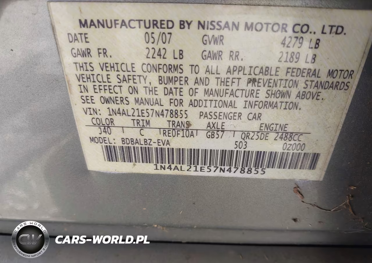 2007 Nissan Altima 2.5 S VIN:1N4AL21E57N478855 - 9