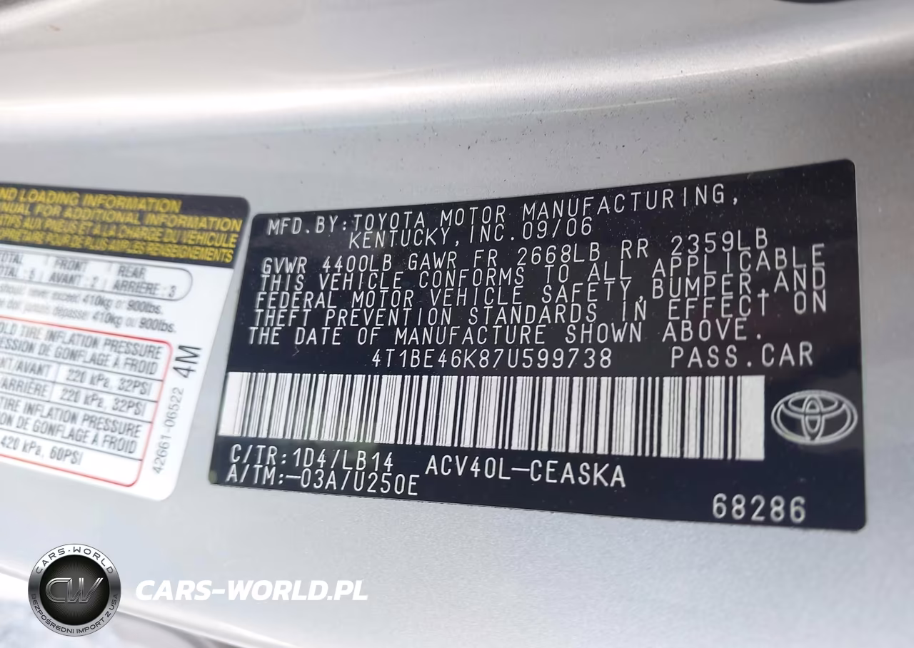 2007 Toyota Camry Se VIN:4T1BE46K87U599738 - 9