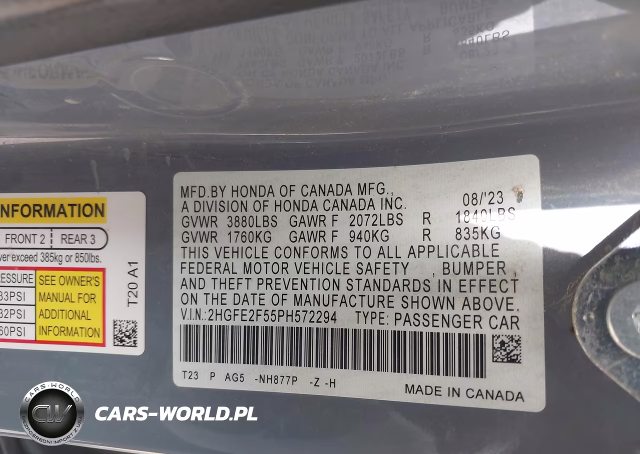 2023 Honda Civic Sport VIN:2HGFE2F55PH572294 - 9