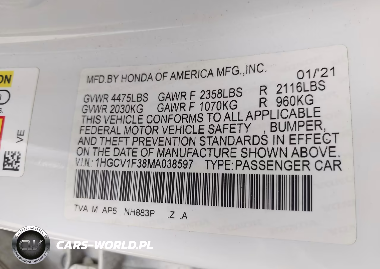 2021 Honda Accord Sport VIN:1HGCV1F38MA038597 - 9