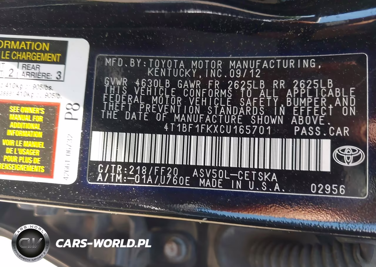 2012 Toyota Camry Se Limited Edition VIN:4T1BF1FKXCU165701 - 9