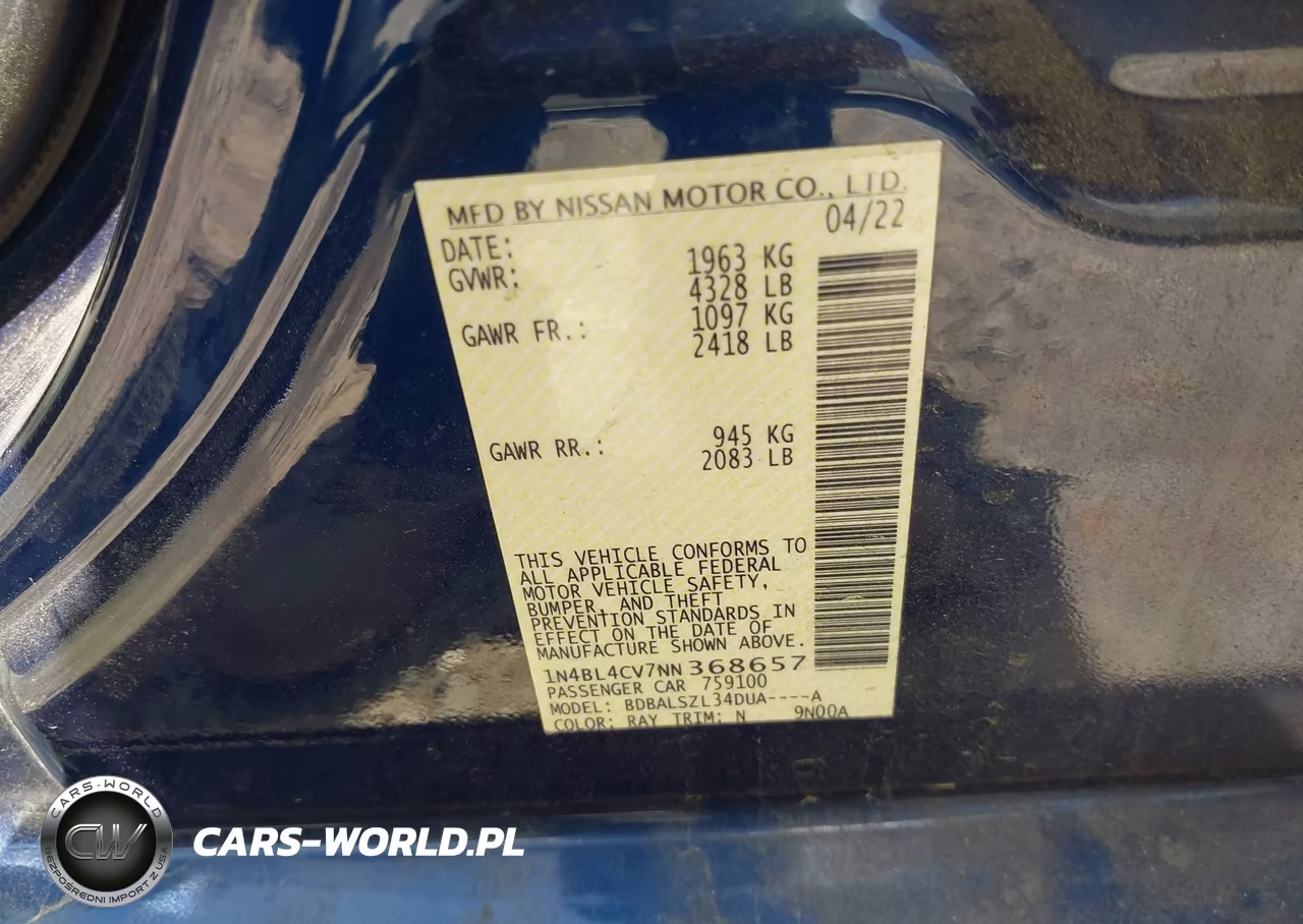 2022 Nissan Altima Sr Fwd VIN:1N4BL4CV7NN368657 - 9