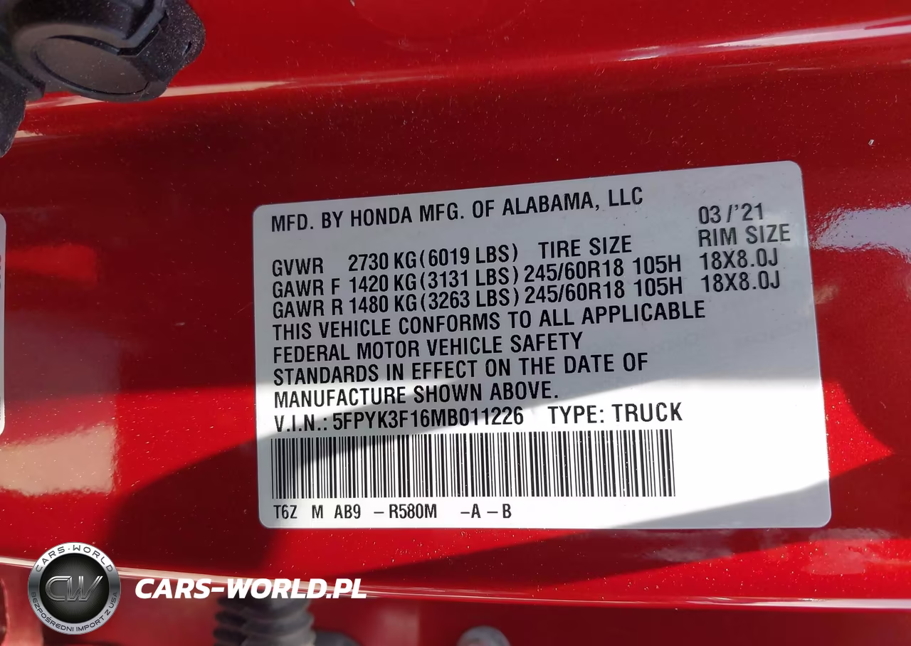HONDA RIDGELINE VIN:5FPYK3F16MB011226 - 9