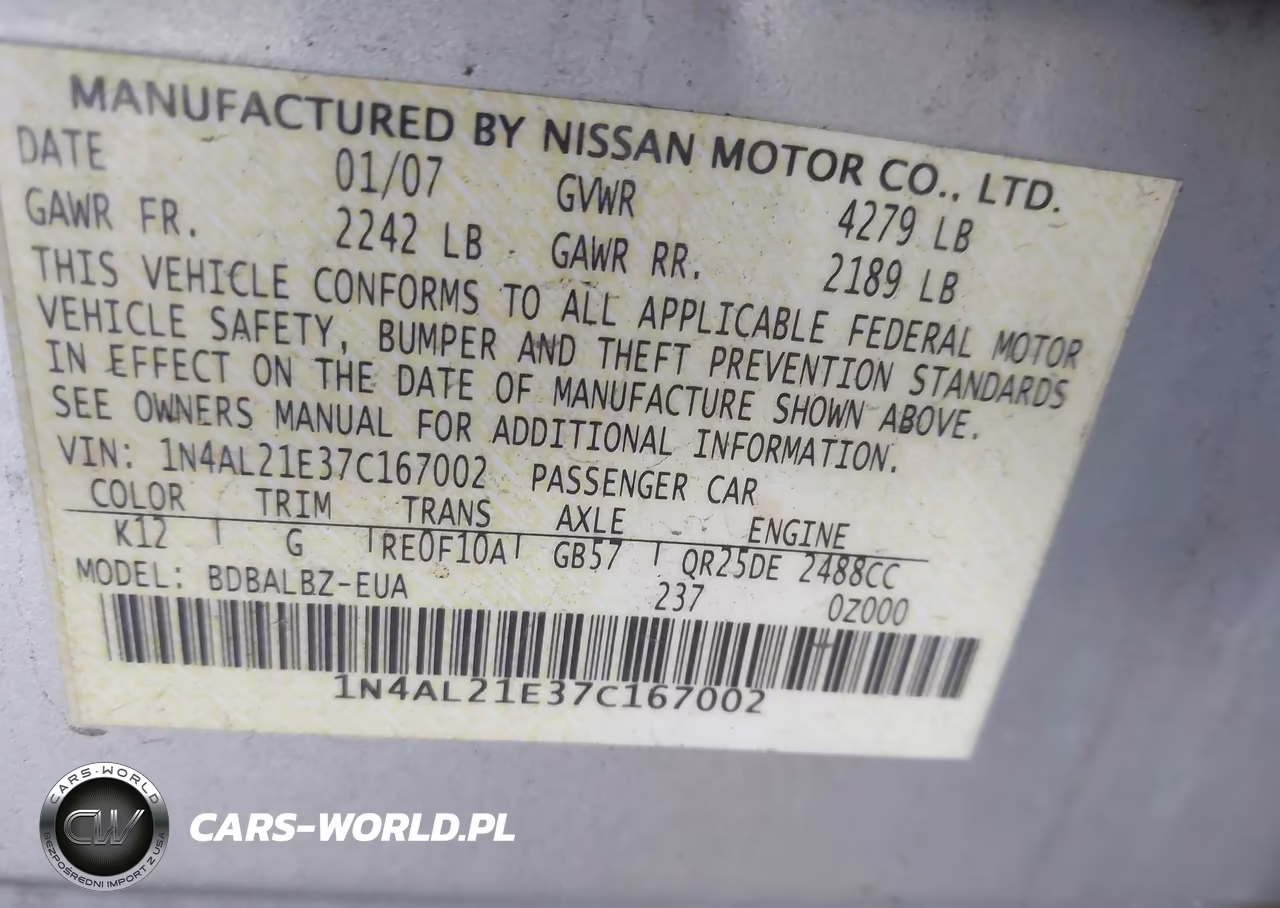 2007 Nissan Altima 2.5 S VIN:1N4AL21E37C167002 - 9