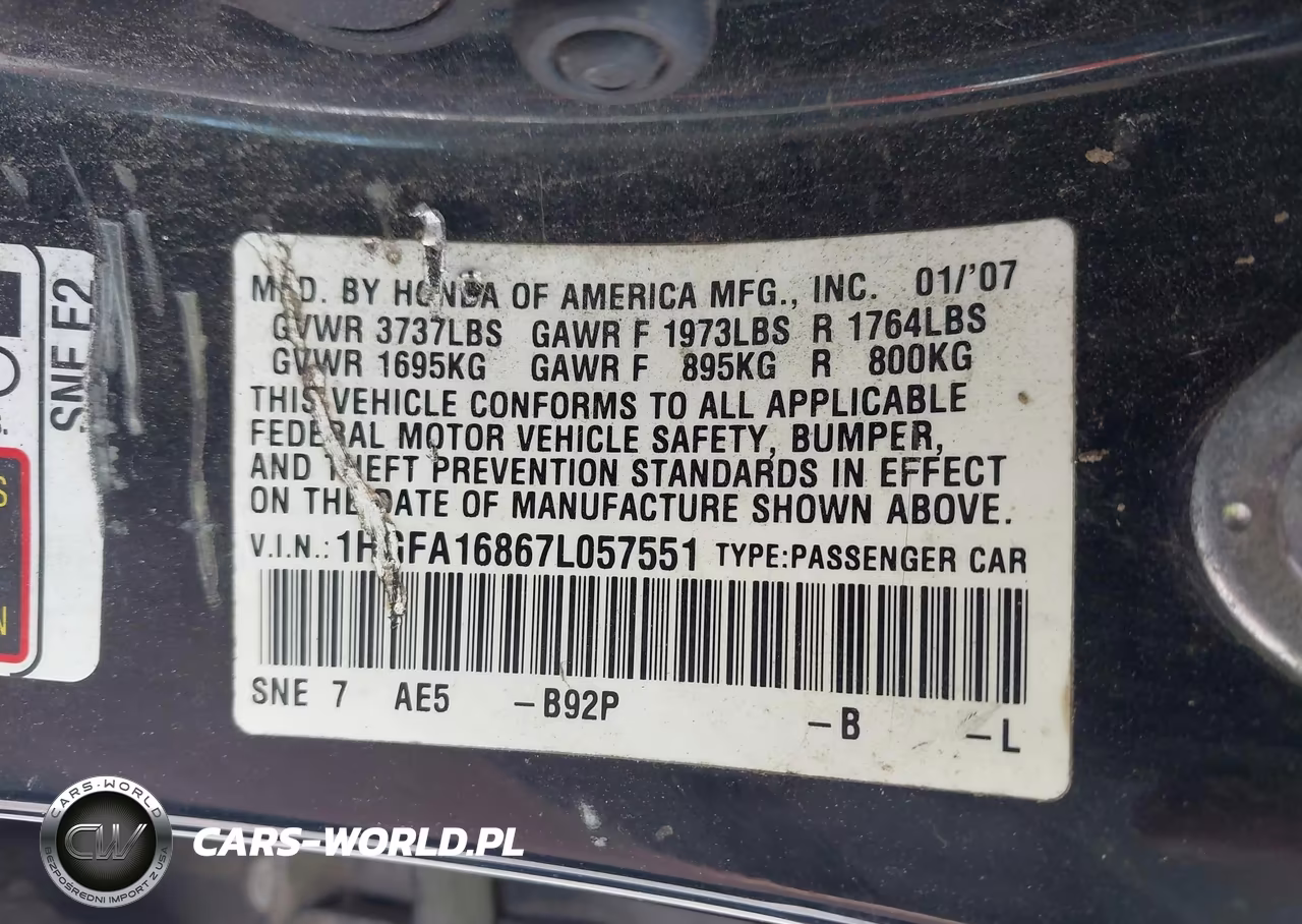 2007 Honda Civic Ex VIN:1HGFA16867L057551 - 9