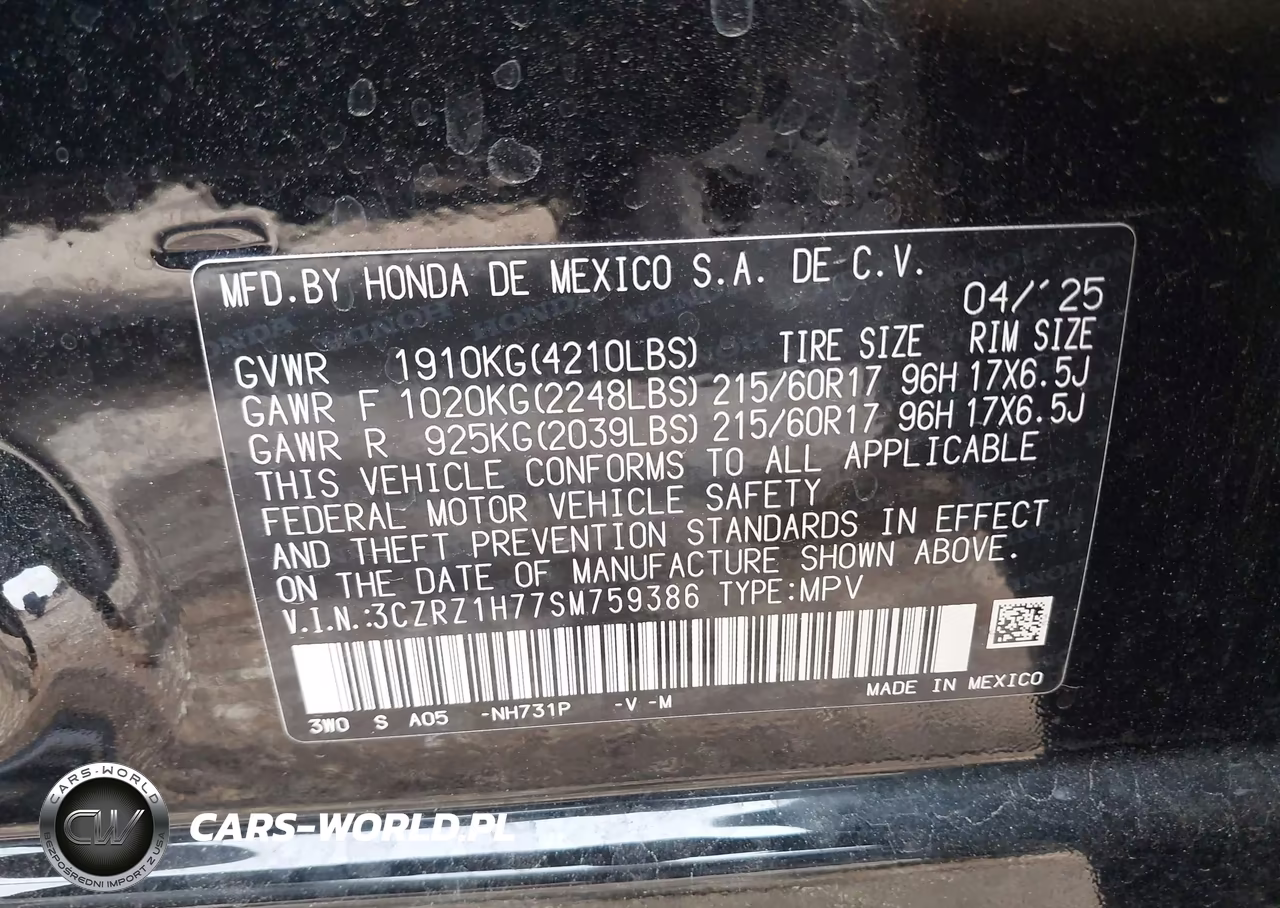 2025 Honda Hr-V 2Wd Ex-L VIN:3CZRZ1H77SM759386 - 9