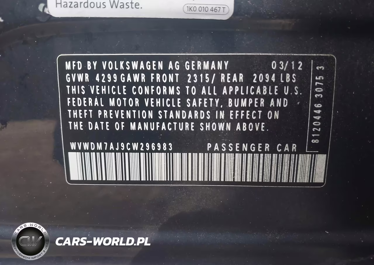 2012 Volkswagen Golf Tdi 4-Door VIN:WVWDM7AJ9CW296983 - 9