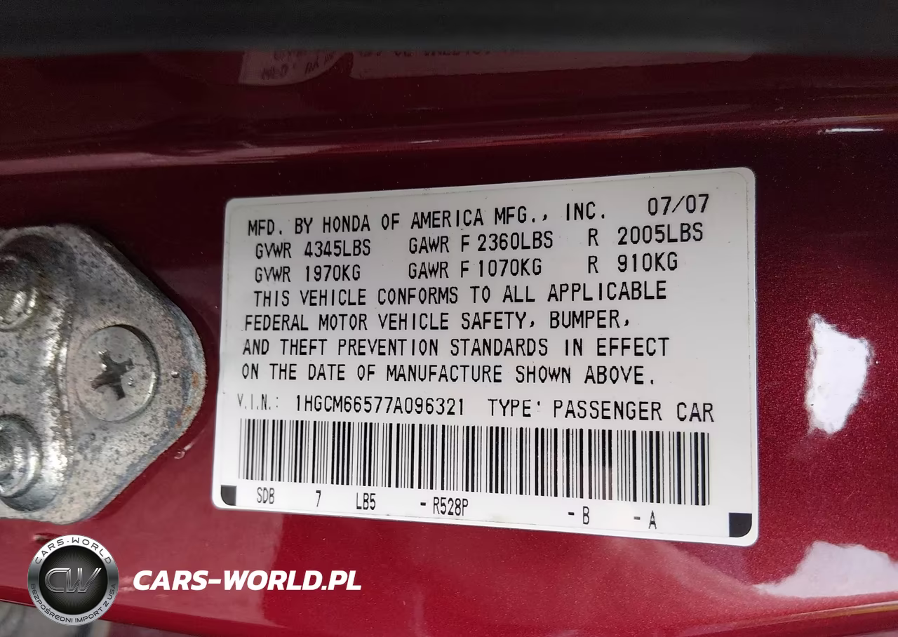 2007 Honda Accord 3.0 Ex VIN:1HGCM66577A096321 - 9