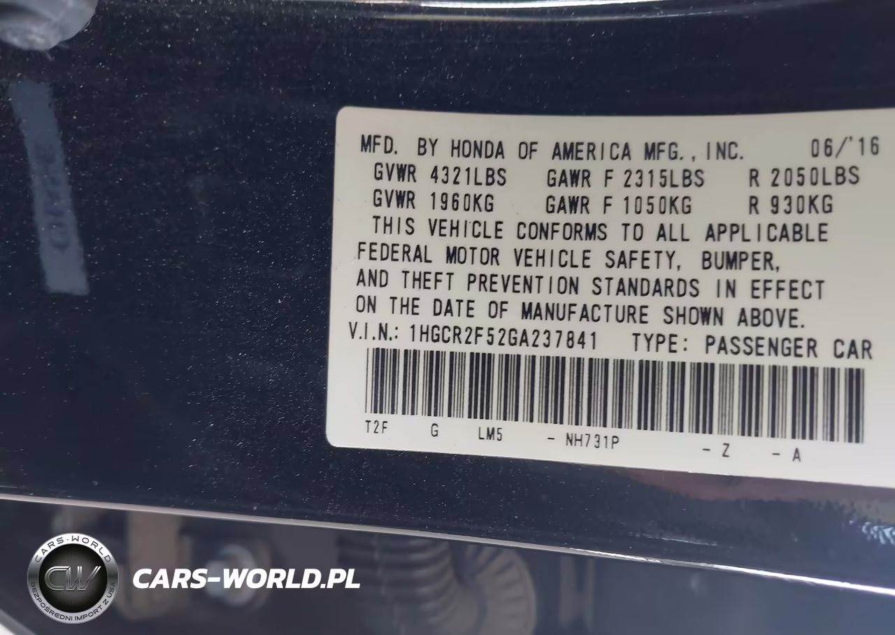2016 Honda Accord Sport VIN:1HGCR2F52GA237841 - 9