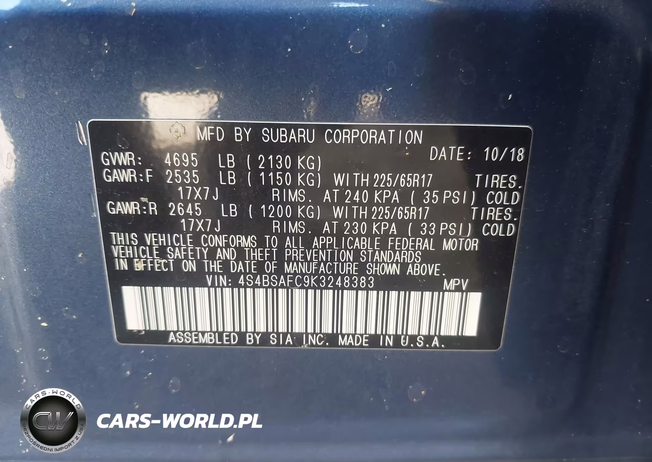 2019 Subaru Outback 2.5I Premium VIN:4S4BSAFC9K3248383 - 9
