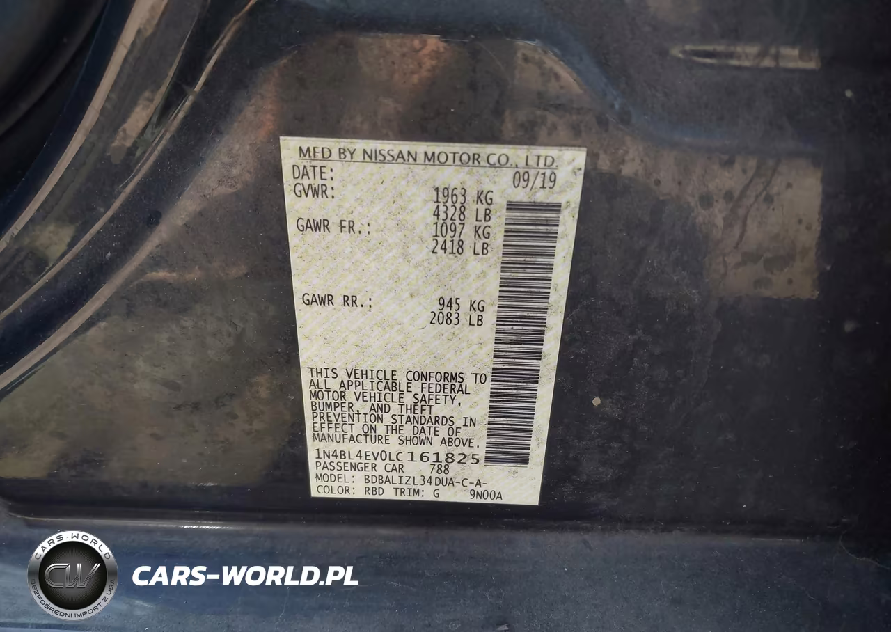 2020 Nissan Altima Sl Fwd VIN:1N4BL4EV0LC161825 - 9