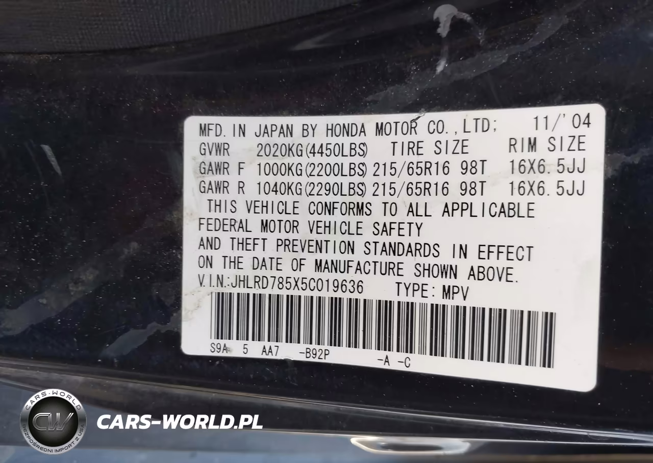 2005 Honda Cr-V Lx VIN:JHLRD785X5C019636 - 9