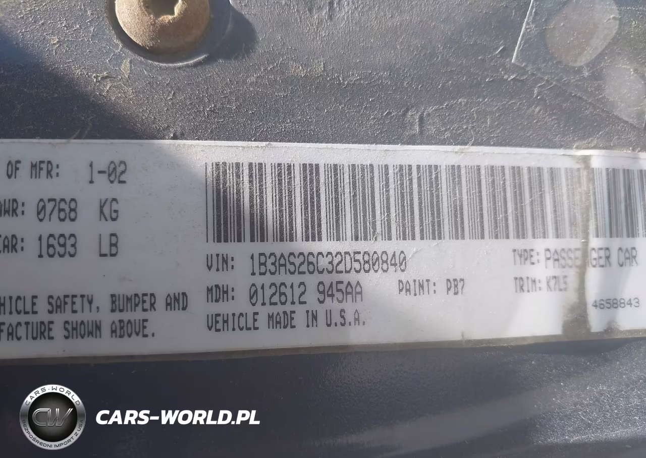 2002 Dodge Neon VIN:1B3AS26C32D580840 - 9